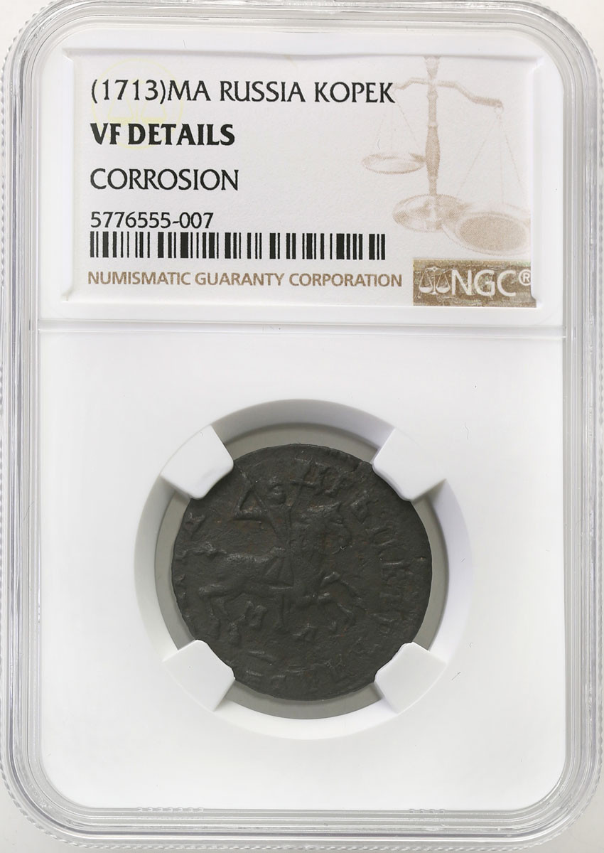 Rosja, Piotr I. Kopiejka 1713 МД, Kadashevsky Dvor, (Moskwa) NGC VF - RZADKA
